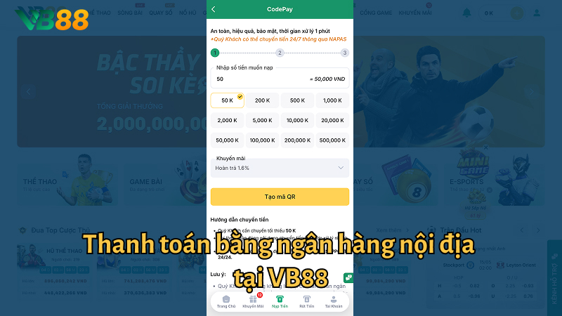 Thanh toán bằng ngân hàng nội địa tại VB88