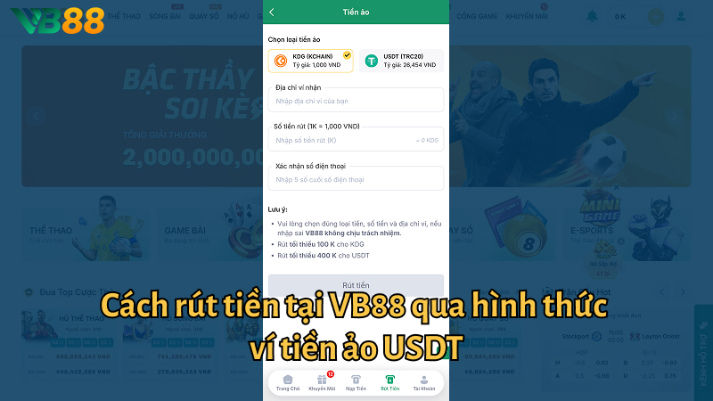 Cách rút tiền tại VB88 qua hình thức ví tiền ảo USDT